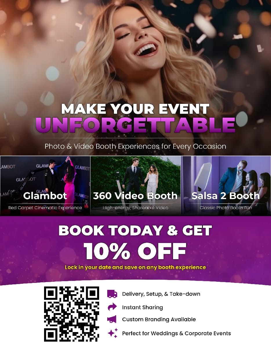 Looking Forward Photo Booths convention flyer presenting Glambot, 360 Video Booth, Salsa 2 Booth, and a QR code