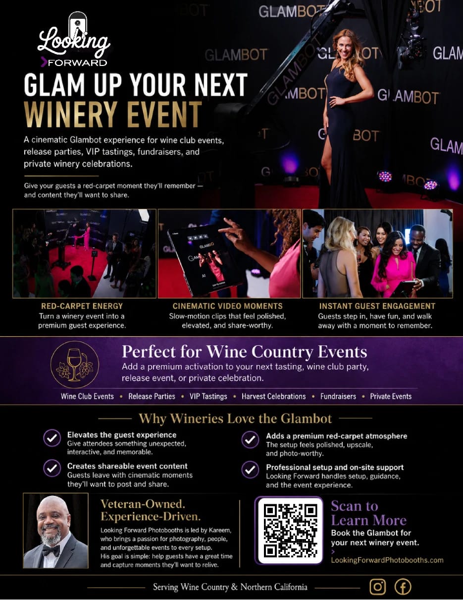Looking Forward Photo Booths Glambot flyer for winery events with event photographs and a QR code