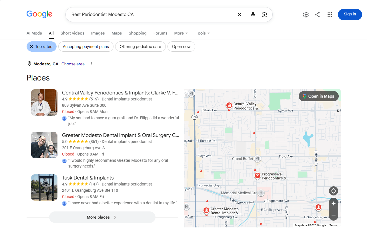 Current Google Maps search example showing Central Valley Perio first among the captured top-rated listings.