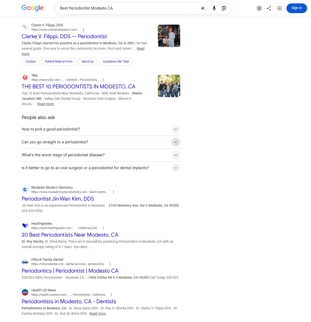 Google organic results for Best Periodontist Modesto CA, showing Clarke V. Filippi, DDS at centralvalleyperio.com at the top of the captured listings.