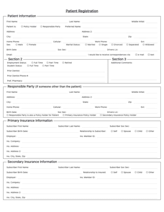 Clean digital patient registration form with the practice’s requested section order and field labels.