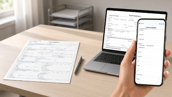 Marked-up paper registration form beside a laptop showing the finished digital form.