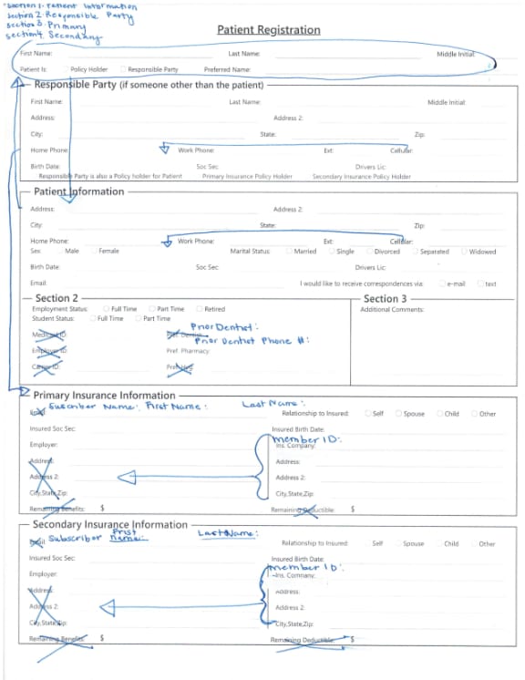 Blank patient registration form with handwritten notes showing sections to move, fields to remove, and labels to change.